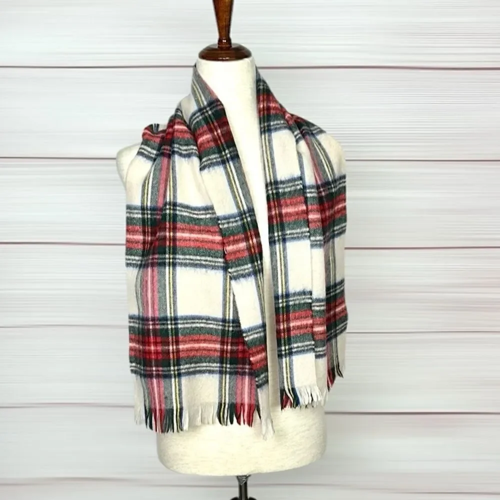 Wool Tartan Plaid Scarf White Red Gray Women’s Men’s made in Uruguay